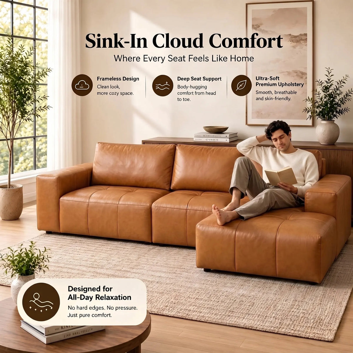 114" Cloud Sectional Sofa with Chaise, L-Shaped Modular Faux Leather Couch, Boneless Deep Seat Sofa No Assembly Needed for Living Room Apartment Bedroom, Brown