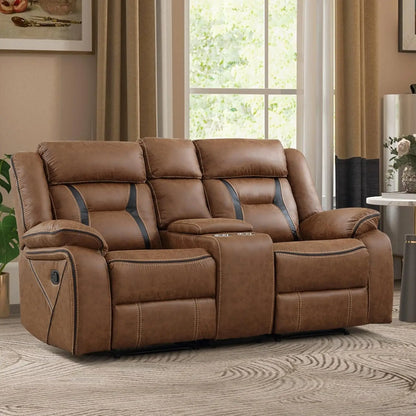 Faux Leather Manual Loveseat Recliner, 2 Seat Reclining Sofa Chair with Center Console, Hidden Storage and Cup Holders,, Custom