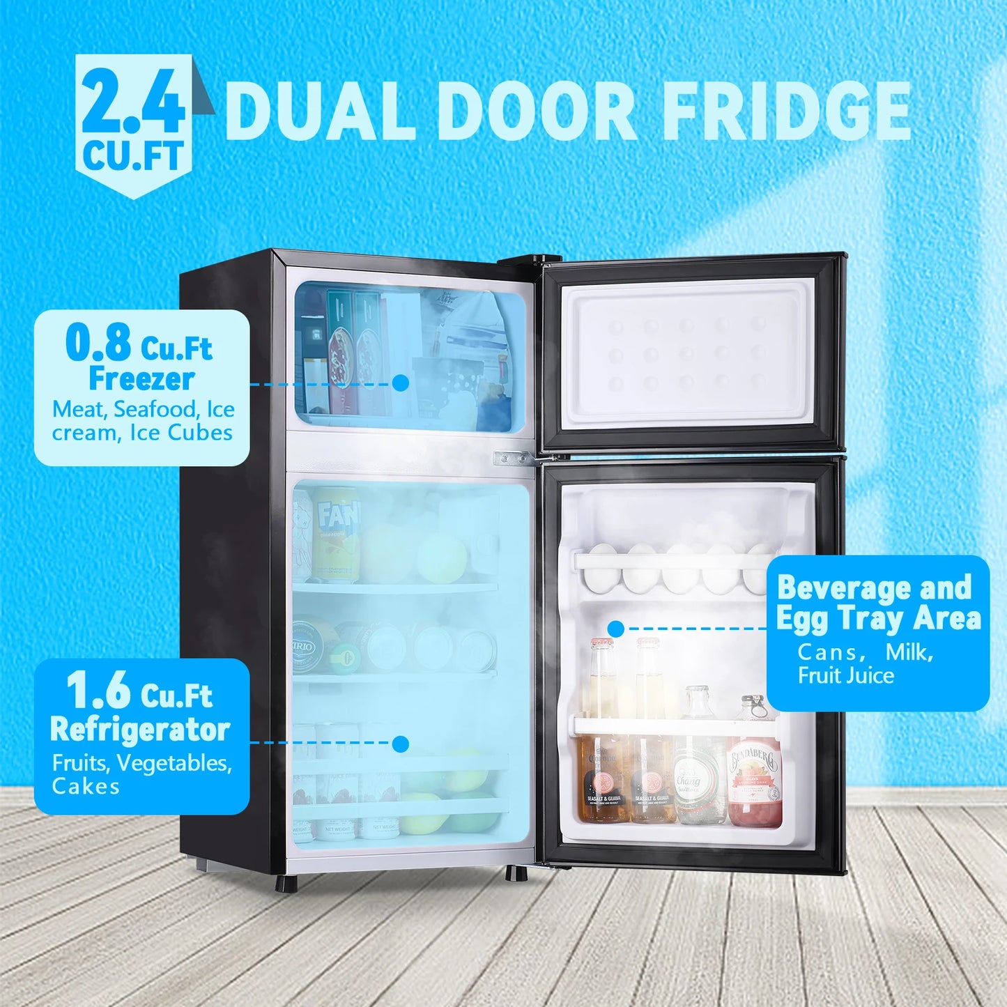 Refrigerator with Top Freezer 2.4Cu.ft Two Door Small Mini Fridge for Person Use with Egg tray, Grey