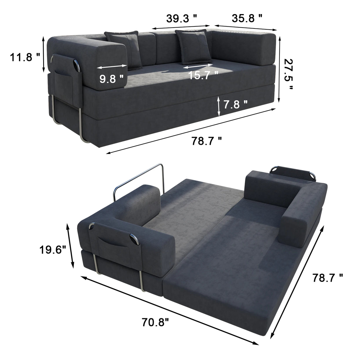 78.7" Convertible Sleeper Sofa Bed, Modular Corduroy Foldable Futon Loveseat, Compression in Box with Fixed Frame, Removable Armrests & Backrest, No Tool Assembly for Living Room Bedroom