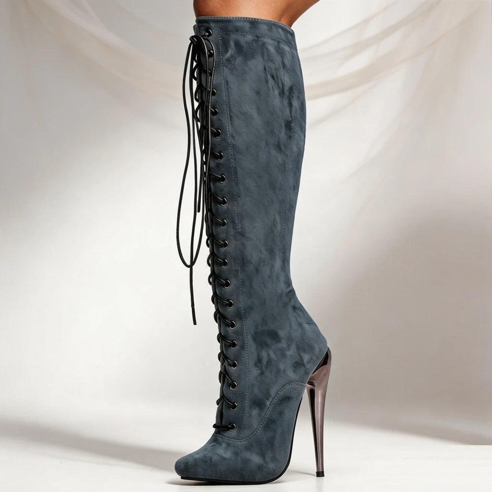 Unisex Purple Suede Lace-Up Knee High Boots 15cm/6" Stiletto Heel Sexy Nightclub Pole Dancing Cosplay Shoes Plus Size 36-46