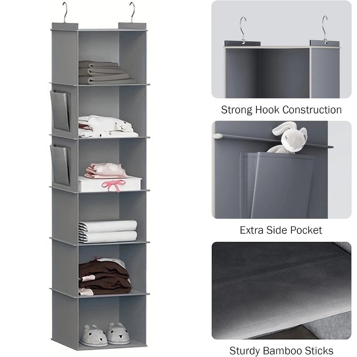Hanging Closet Organizer and Storage, Foldable 6-Shelf Closet Hanging Storage Shelves with 2 Hooks for Shoe Cap Clothes Pants