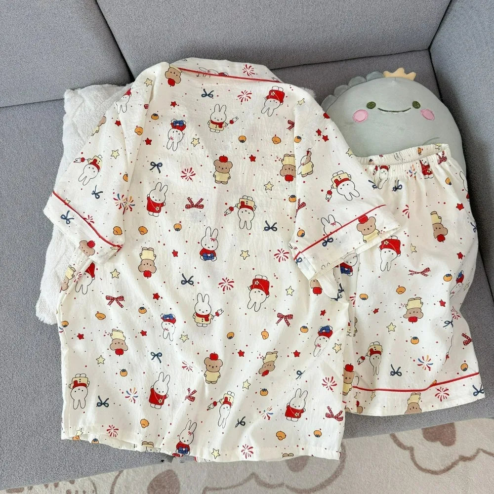 Cute Miffy Women Summer Pajamas Set Short Sleeve Shorts Comfortable Loose Soft Breathable Casual Homewear Loungewear Sleepwear