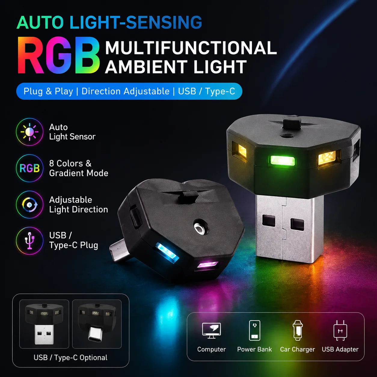 R6FA Night Light And Ambient Lamp USB A Type-C Powered Energy Efficient LED For Room Mini LED Night Lamp