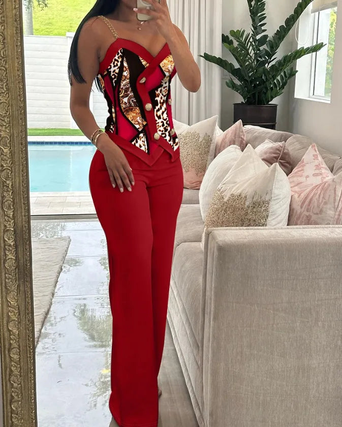 Spring Summer Sleeveless Suit Fashion Print Two Piece Sets Women Sexy V-neck Button Metal Sling Top & Wide Leg Pants Outfits