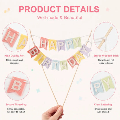 Happy Birthday Cake Topper Banner, Pastel Felt Cake Decoration for Birthday Party Dessert Table Celebration Supplies