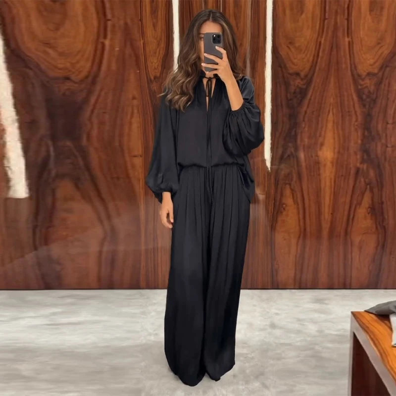 Satin Two-Piece Set Tie-Neck Balloon Sleeve Top Wide Leg Pant 2026 Spring Fashion Minimalist Loungewear Office Women Outfits