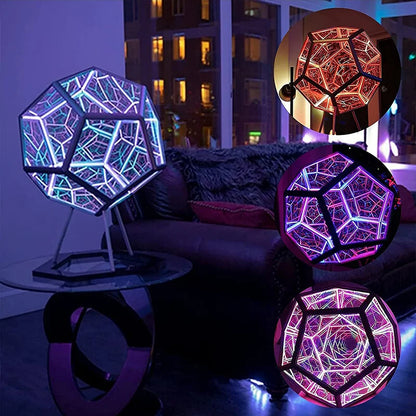 Dreamy Geometric Space LED Night Light with Stand Creative Color Christmas Birthday Gifts Infinity Dodecahedron Mirror Art Light