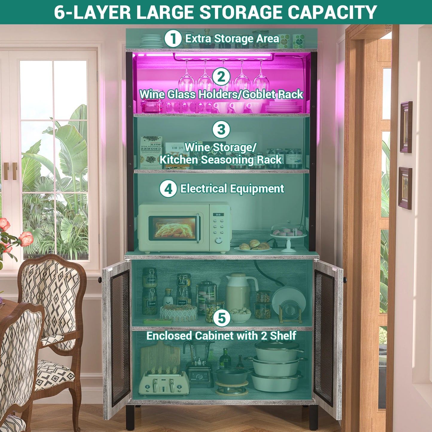 67" Tall Bar Cabinet with LED Lights And Glass Holder - Wine Liquor Cabinet with Power Outlets for Living Room Coffee Bar Station Microwave Stand Bakers Rack, White Oak