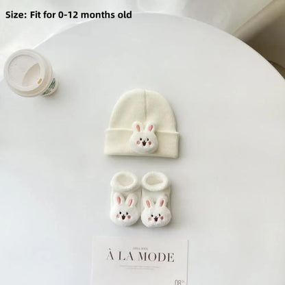 2PCS/Set New Cartoon Baby Hat Socks Cute Animal Woolen Warm Pullover Hats Winter Knitted Beanies Newborn Short Socks Boy Girl
