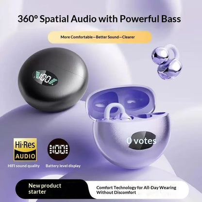 Wireless Clip-On Bluetooth Earbuds Premium HiFi Audio Sports Headphones Long Battery Life with Built-in Microphone