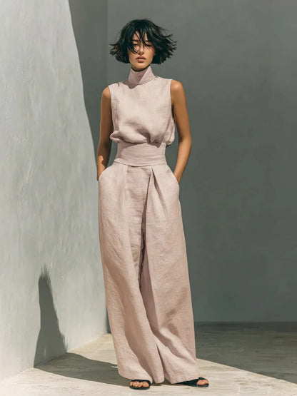 Women's Elegant Commuting Two-piece 2026 Fashionable High Neck Sleeveless Top Paired With Casual High Waisted Wide Leg Pants Set