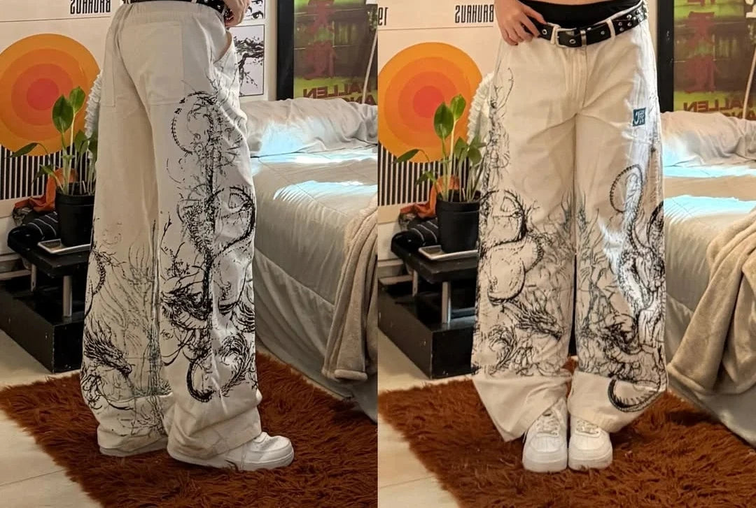 Y2K Gothic Punk Baggy Pants Women Red White Tribal Flame Print Wide Leg Trousers Vintage Grunge Streetwear Alt Clothing