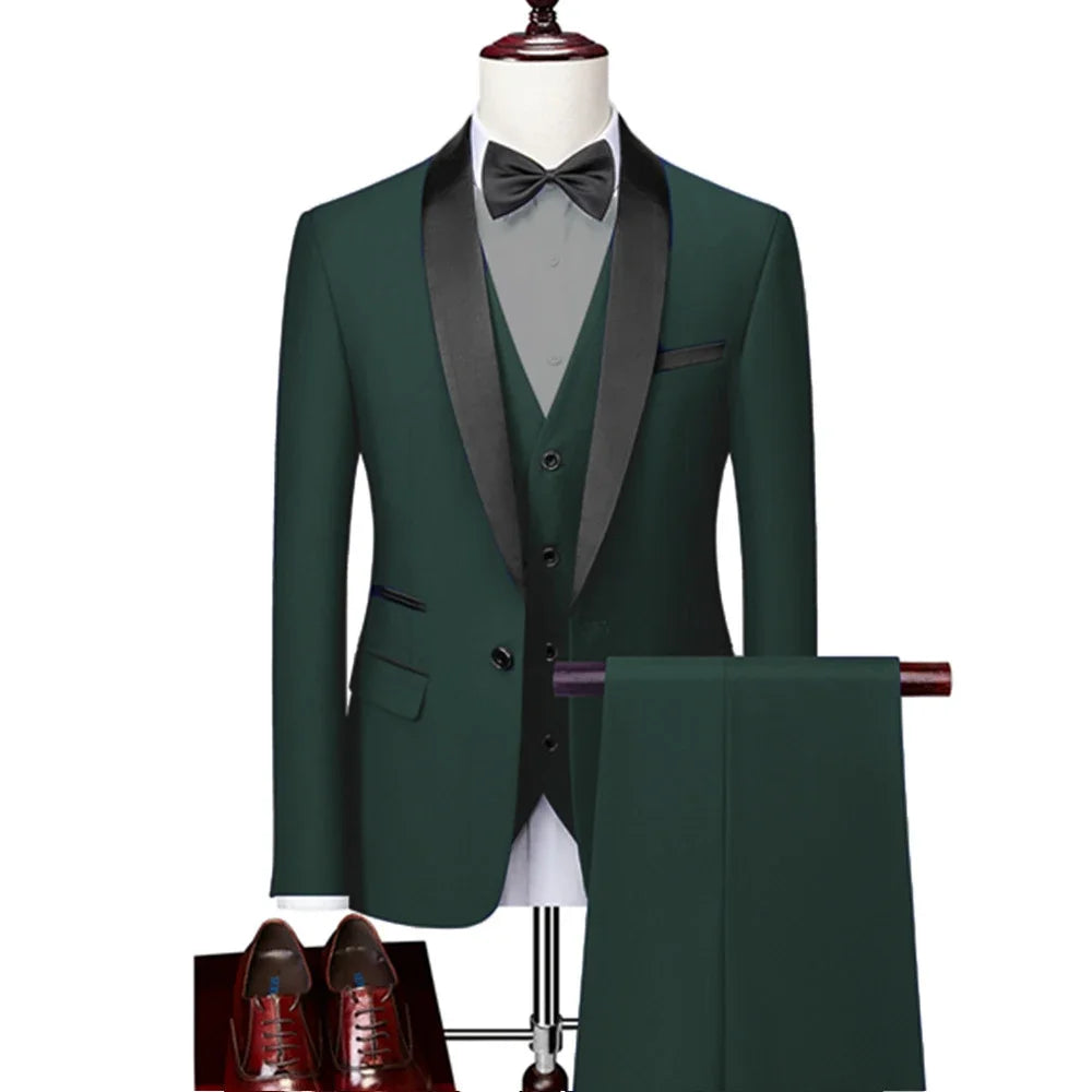 US Size Men Lapel Black Collar 3 Pcs Suit Set Coat Vest Trousers / Business Groom Wedding Dress Fprmal Blazer Pants Waistcoat