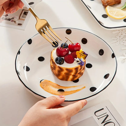 4Pcs Black Polka Dot Ceramic Plates Set,  Microwave Dishwasher Safe for Salad, Pasta, Dessert, Home Kitchen Tableware