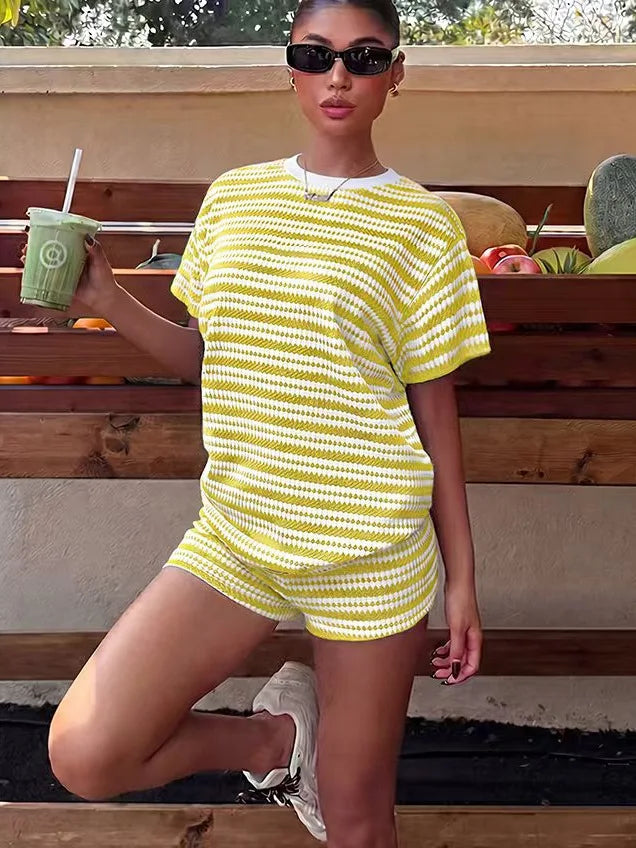 2026 Casual Striped 2 Piece Sets Women Outfit Color Block T Shirts High Waist Short Sets Streetwear Summer Shorts Matching Set