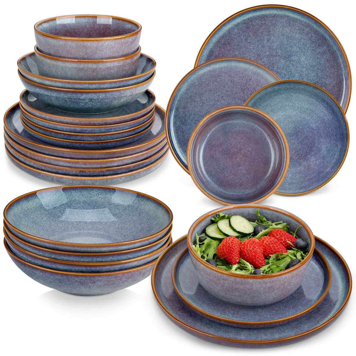 Vancasso 12/16/18/24 Piece Grey-Blue Reactive Glaze Stoneware Plates Set Dinnerware Sets with 4/6 Pcs Dinner Plate/Dessert/Bowl