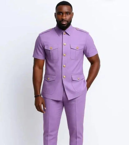 Safari Men Suits with Short Sleeves for Prom Party 2 Pieces Chinese Fashion Style Outdoors Costumes Suit Set Custom Made
