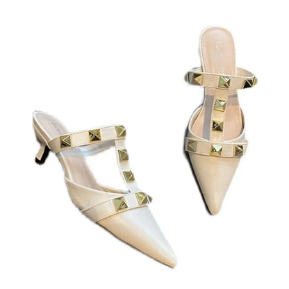 2024 New Rivet Pointed Thin Heel Baotou Half Slipper Female Middle Heel Shallow Mouth Lazy Mueller Shoes