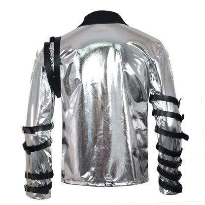 New In Stock: Michael Jackson Bad Era Silver Jumpsuit. Retro Rock Star Stage Performance Bodysuit & Top