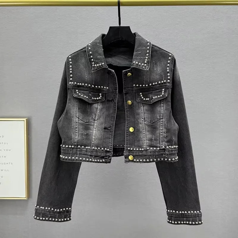 New Classical Metal Ribs Buckle Design Washed Breathable Vintage Short Denim Jacket for Ladies Autumn Winter Summer Nylon/Cotton