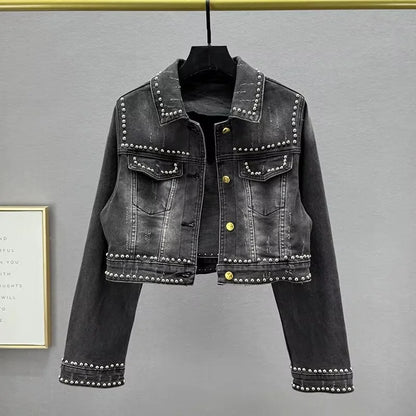 New Classical Metal Ribs Buckle Design Washed Breathable Vintage Short Denim Jacket for Ladies Autumn Winter Summer Nylon/Cotton