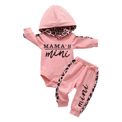 Infant Baby Girl Clothes Set Long Sleeve "Mama's Mini" Print Pullover Sports Hooded Tops and Leopard Pants Outfits Set