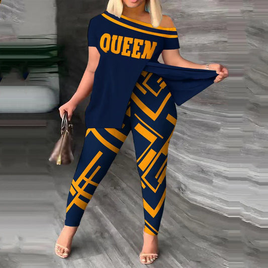 Womens Two Peice Sets Summer Fashion Print Short Sleeve Suit Set Femme Casual Sporty 2Pce One-Shoulder Split Hem Tops &Pants Set