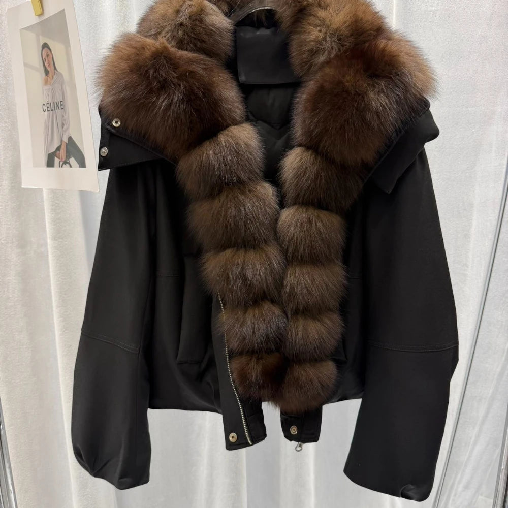 OFTBUY Women Hooded Large Fox Fur Coat Real Duck Down Parka Windproof Fabric Jacket Winter Drawstring Thick puffer jacket woman