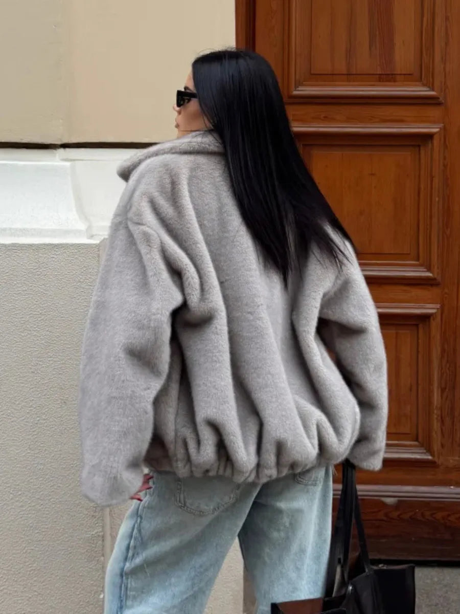 TOKO 2026 New Women High Collar Zip Up Faux Fur Cropped Jacket Drop Shoulder Wide Long Sleeve Gray Silky Plush Loose Fit Coat