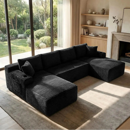 125" Oversized Cloud Boneless Couch with Chaise, Modern Modular Sofa with Deep Seat, Corduroy Upholstered U Shaped, Customized
