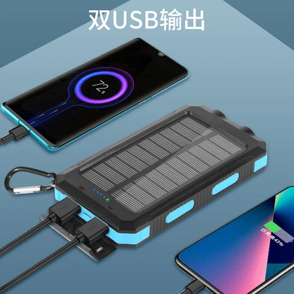 Rugged Solar Power Bank – Waterproof Outdoor Portable Charger with Dual LED Flashlights & Compass, High-Capacity External Battery Pack for Camping, Hiking, and Emergencies