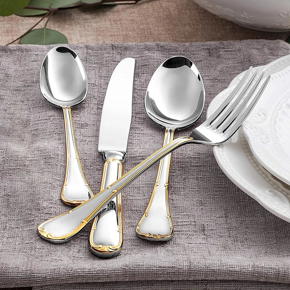4/5/8/10/12/15/16/20/25 Piece Luxury Gold Accent Cutlery Set Stainless Steel Silverware Wedding Home Flatware Knife Fork Spoon
