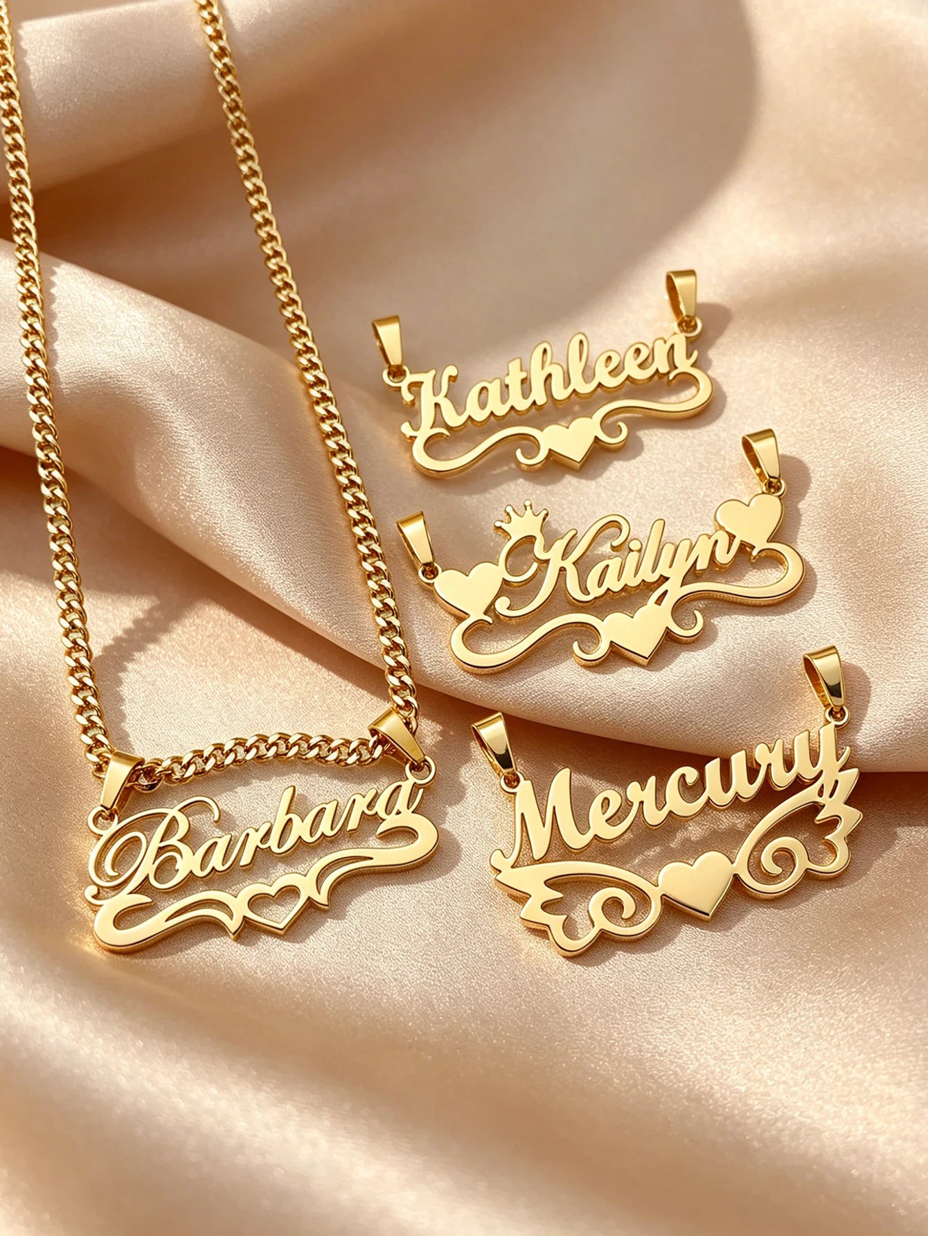 Personalized custom name jewelry necklace, featuring 5 different styles, crafted from 18k gold stainless steel, perfect for ever