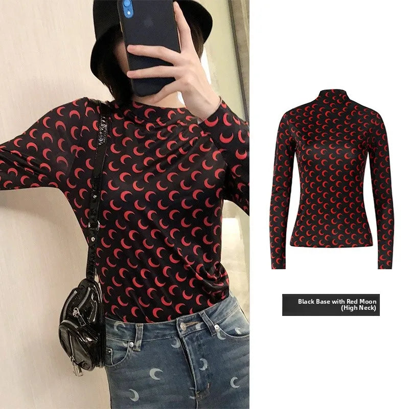 Sweet Two Piece Set Women American Retro Layered Outfit Long Sleeve Moon Print Top Ice Silk Pants Sexy Casual Autumn Fashion