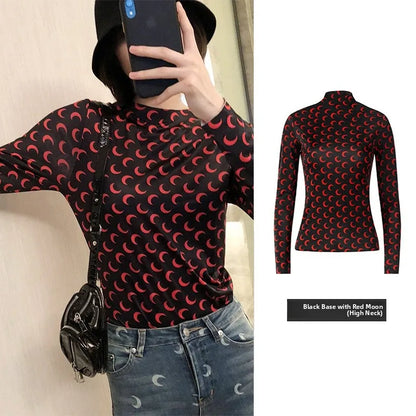 Sweet Two Piece Set Women American Retro Layered Outfit Long Sleeve Moon Print Top Ice Silk Pants Sexy Casual Autumn Fashion