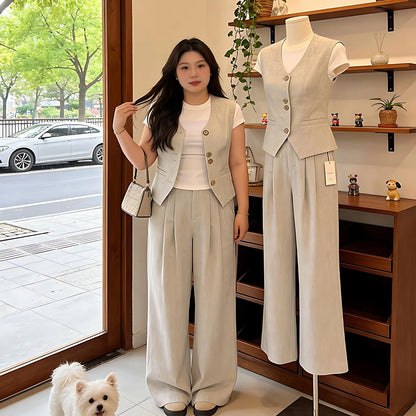 plus Size Casual Style Three Piece Set Women's Summer New White T-Shirt Sleeveless Tank Top Wide Leg Pants Ensemble