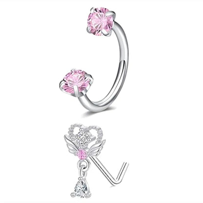 6/2pcs Horseshoe Nose Rings With L-Shape Nose Stud, Stainless Steel Rianbow CZ Nose Ring,, Lip Eyebrow Helix Ear Piercing