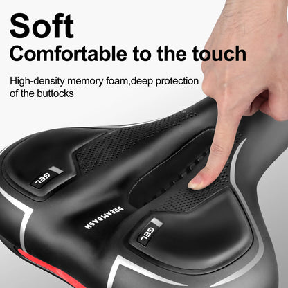 Comfort Bicycle Saddle Extra Wide MTB Road Bike Seat with Memory Foam Silicone Gel Cushion, Shock Absorbing Hollow Breathable PU Leather Bike Saddle with Suspension Balls, Rain Cover and Tools for Mountain City Cycling