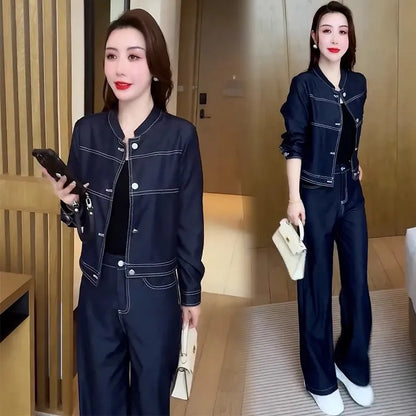 Fashion Casual Suit for Women Spring 2025 New Stylish And Slimming Denim Jacket Wide Leg Pants Two-Piece Set Female Denim Jacket