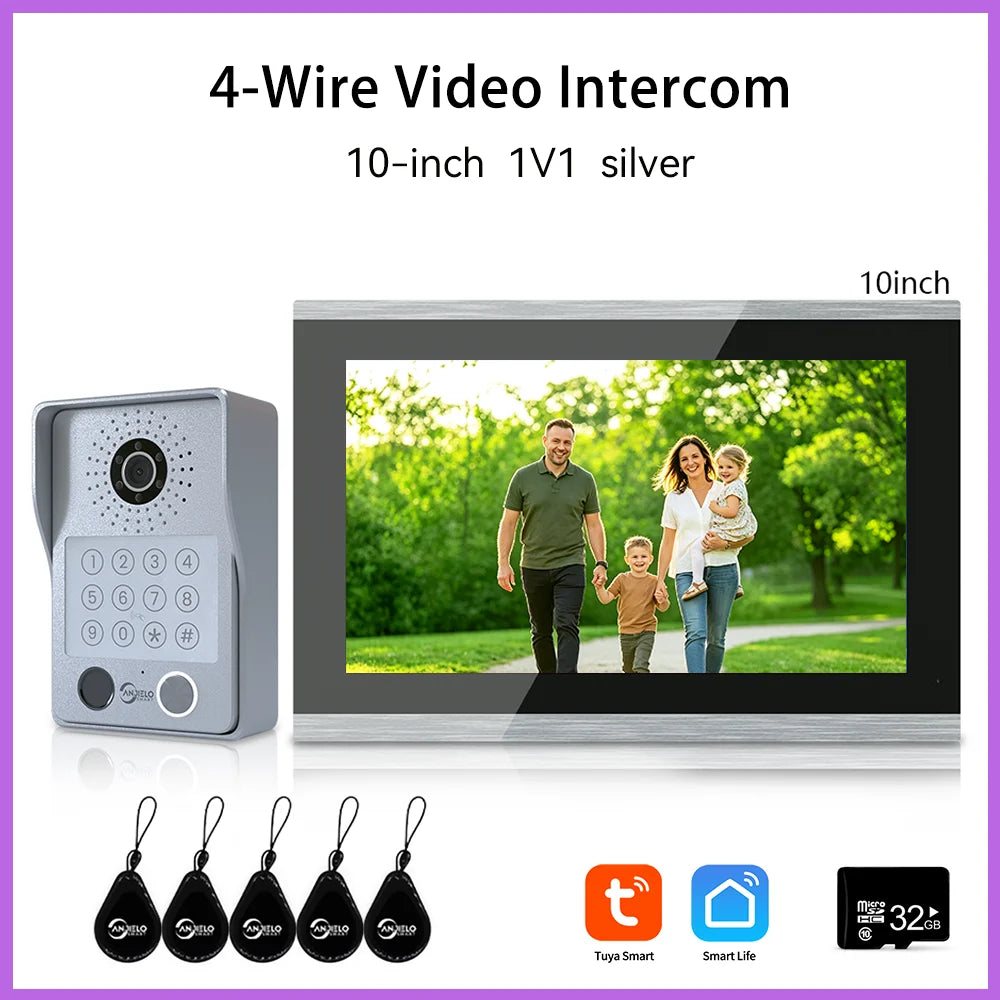 ANJIELO 4-Wire Video Intercom System with 10-inch Touch Screen 5-in-1 Unlock Tuya Smart APP Control IP65 Waterproof Night Vision