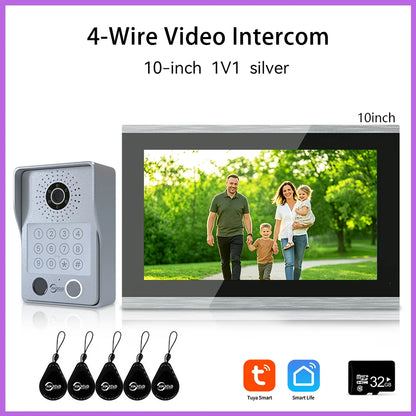 ANJIELO 4-Wire Video Intercom System with 10-inch Touch Screen 5-in-1 Unlock Tuya Smart APP Control IP65 Waterproof Night Vision