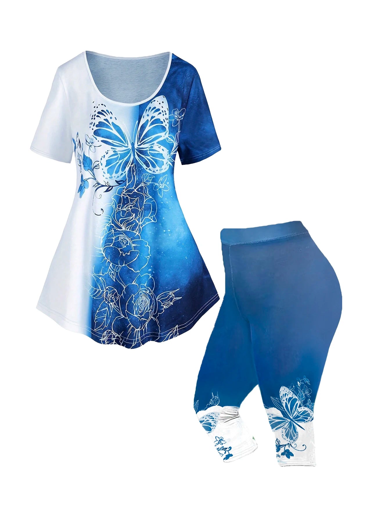 Plus Size Matching Sets Summer Female Large Size Blue Butterfly Print Color T-Shirt Short Sleeve Print Pants Casual Two-Piece Se