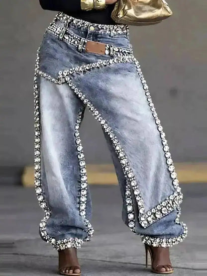 SHENGPALAE Women Jeans Wide Leg Layered Patchwork Washed Rhinestone Decor Asymmetric Streetwear Fashion Summer 2026 New 05E02954