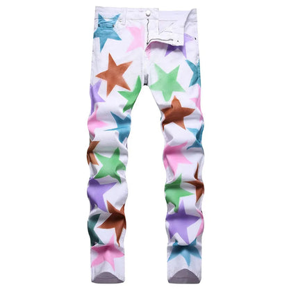 New Fashion Spring Autumn Men's 3D Printed Jeans Pantalon Hombre Black White Nightclubs Young Skinny Biker Denim Trousers