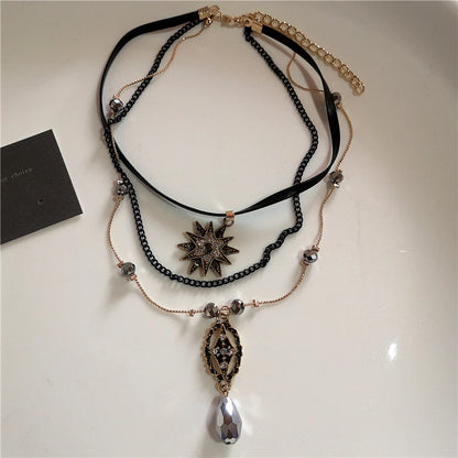 Vintage Leather Brown Stone Sun Pendant Beaded Choker Clavicle Chain Necklace For Women Unique Y2K Personalized Grunge Jewelry