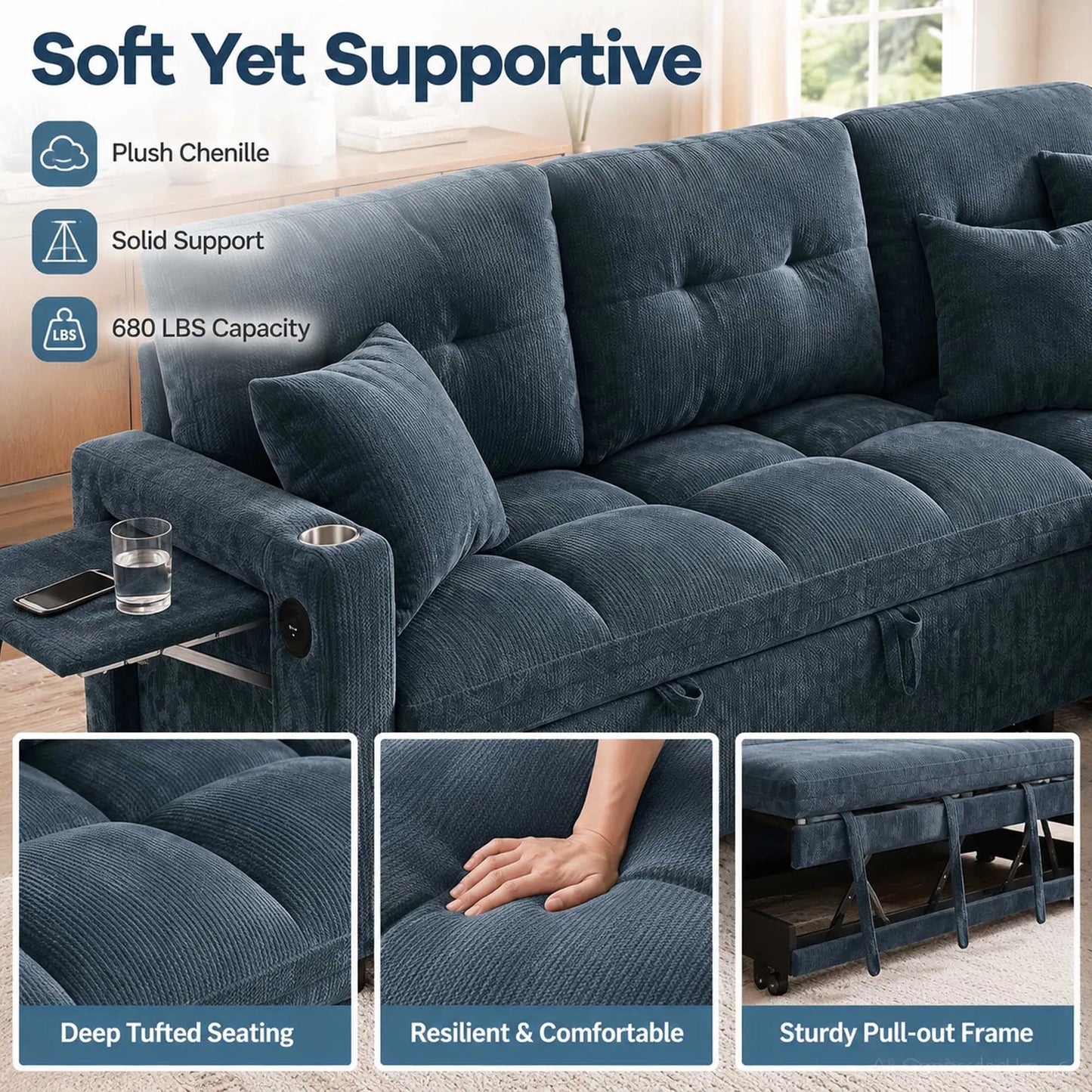 81.8" L-Shaped Sleeper Sofa with Pull Out Bed, Convertible Sectional Couch with Storage Chaise, USB/Type-C Charging and Cup Holders, Plush Chenille Modular Sofa for Living Room, Blue