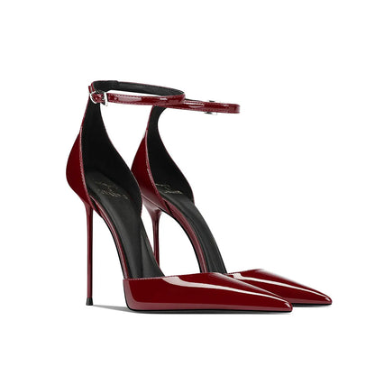 Wine Red Patent Leather High-Heeled Shoes for Women, New Style with Thin Heels and Pointed Toe, Straight Buckle Toe Shoes 33-46