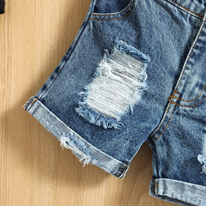 VISgogo Baby Boys Casual Clothes Set Letters Print Sleeveless Tank Top with Ripped Denim Shorts 2Piece Summer Outfit