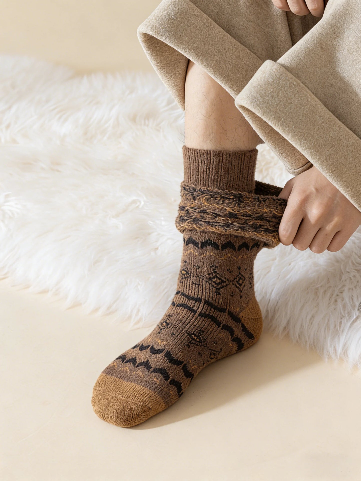 1/5 Pairs Autumn/Winter Retro Pattern Women Round Neck Socks Warm Comfortable Ethnic Style Outdoor Fashionable Casual Socks